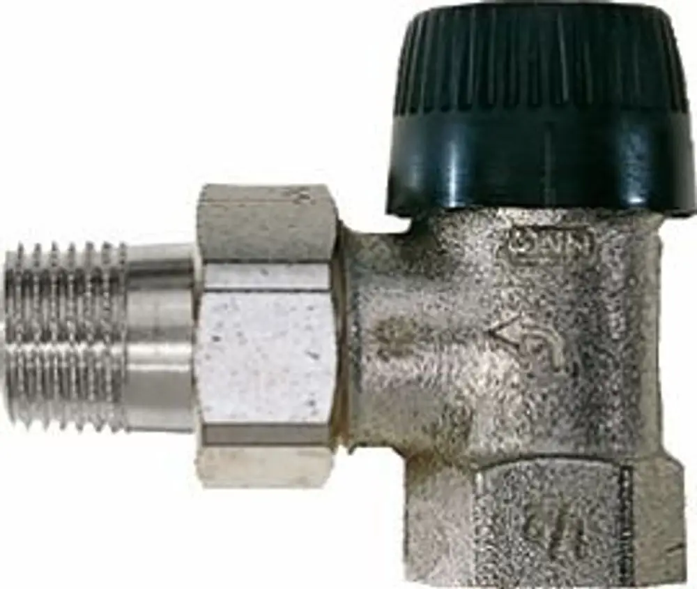 Thermostatventil von Buderus, in winkelverzahntem Design mit schwarzem Einstellknopf. Sichtbare Schraubverbindung und Metalloberflächen.